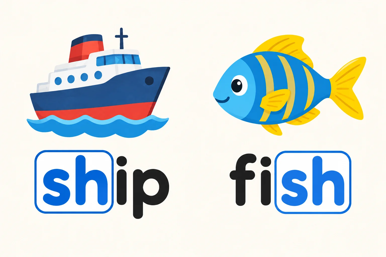 Um navio ao lado de ship e um peixe ao lado de fish, com as letras sh agrupadas nas duas palavras.
