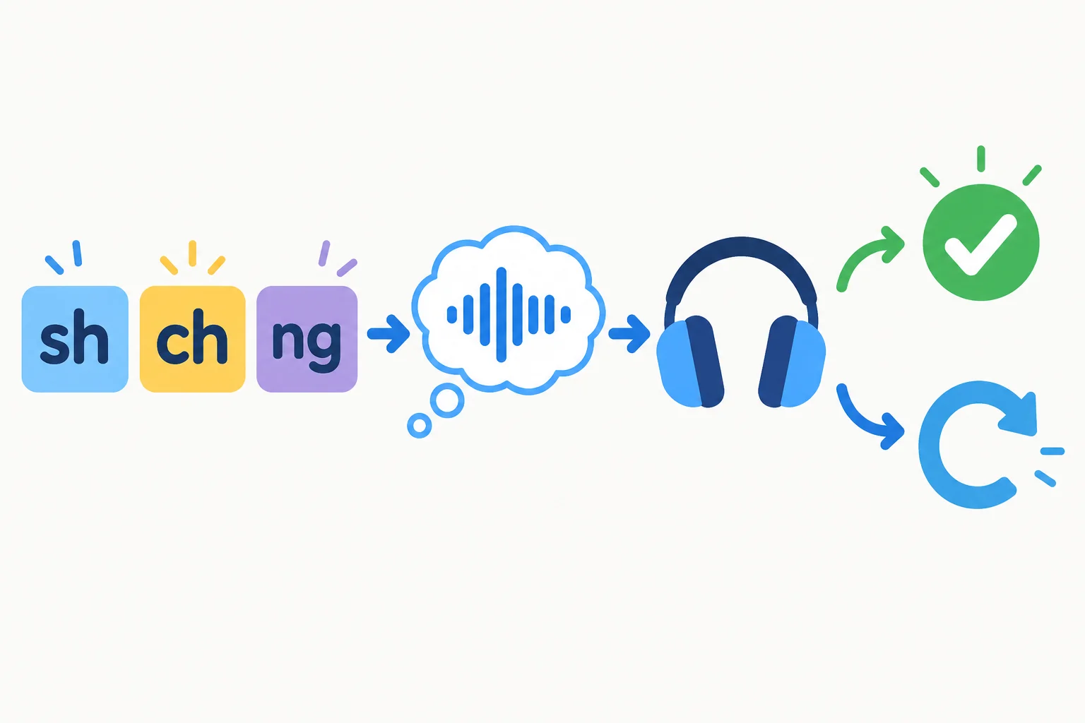 Diagrama mostrando os dígrafos sh, ch e ng passando por uma previsão, uma escuta e uma confirmação ou ajuste.