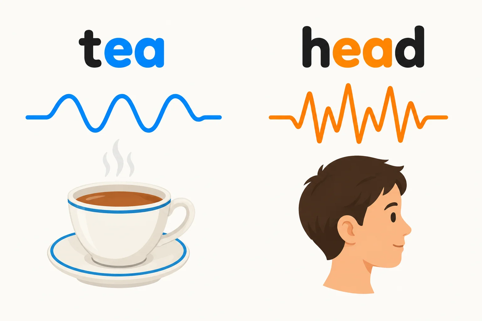 Diagrama lado a lado mostrando ea destacado em tea e em head, ligado a ondas sonoras diferentes.