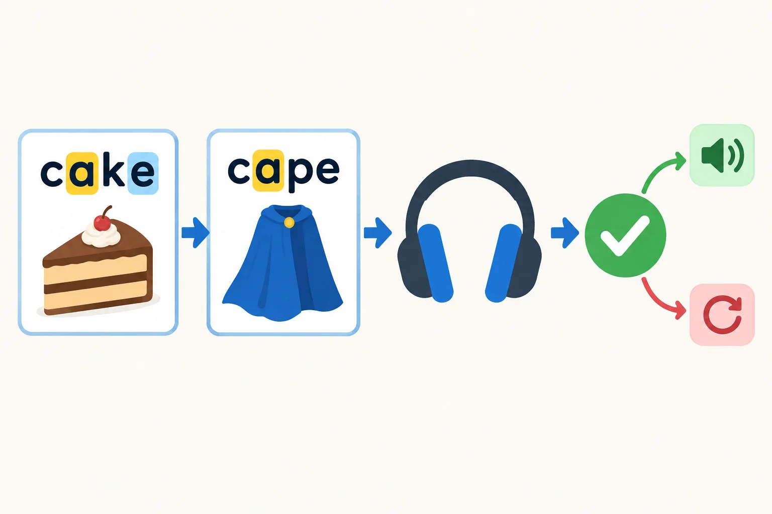 Diagrama com a sequência: observar cake, comparar com cape, ouvir e confirmar ou corrigir a hipótese.