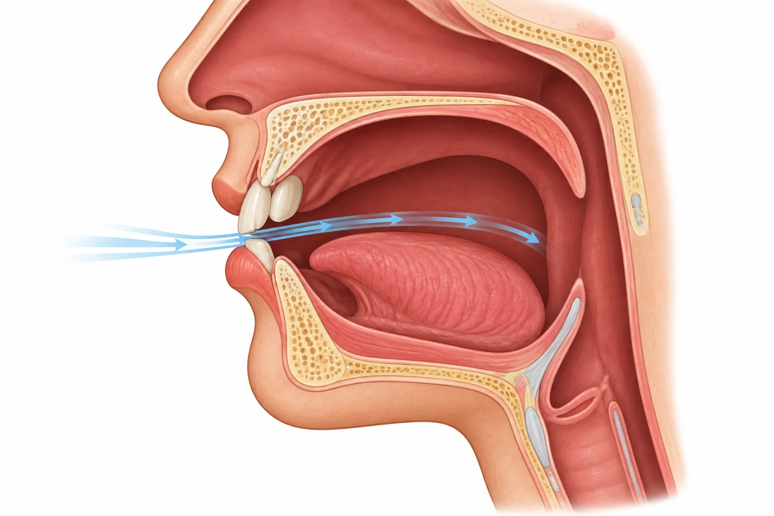 Esquema de perfil mostrando os dentes superiores tocando levemente o lábio inferior, com uma passagem estreita de ar.