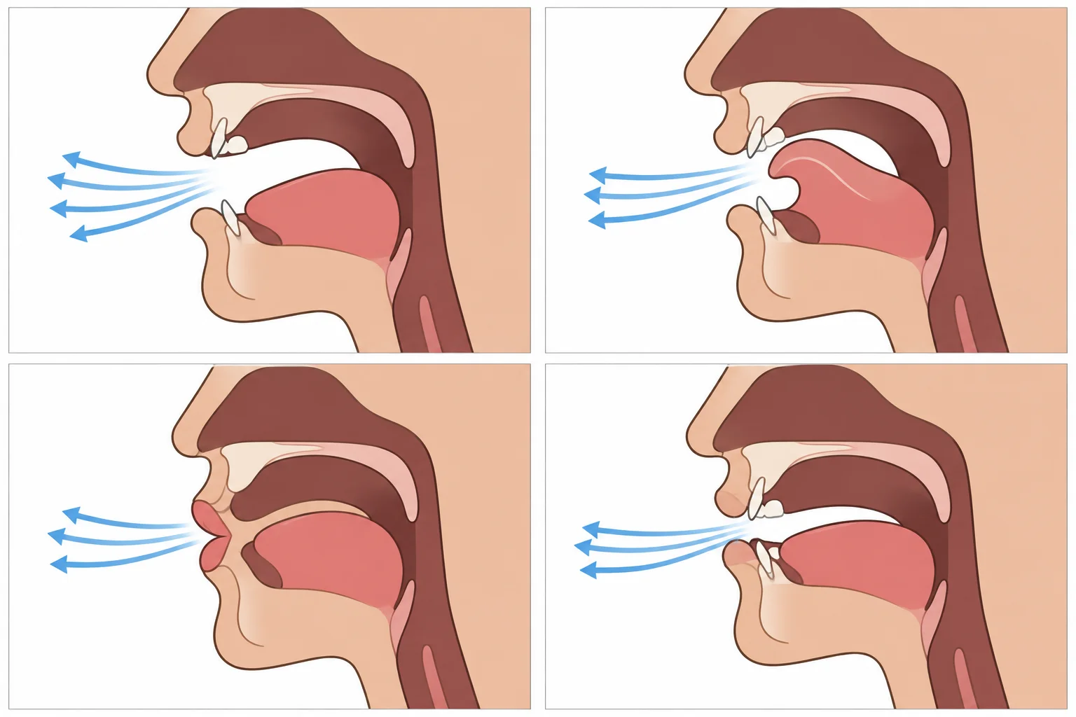 Diagrama em quatro partes mostrando ar leve para H, língua sem contato para R, lábios arredondados para W e dentes superiores sobre o lábio inferior para V.