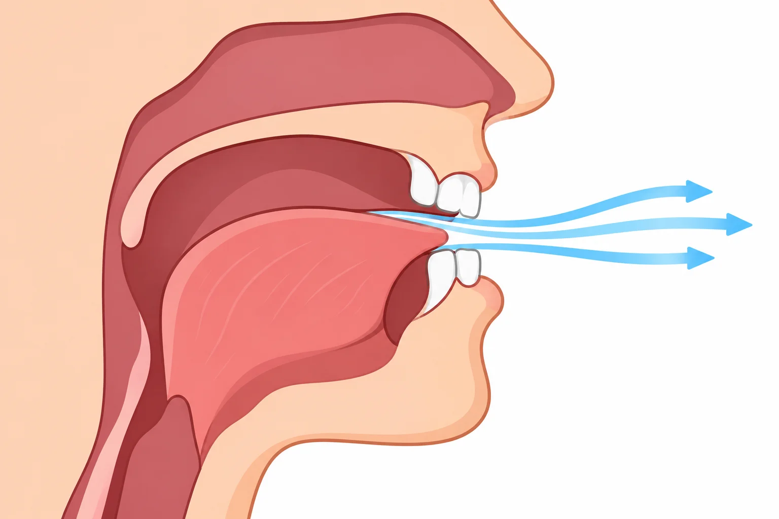 Diagrama lateral da boca: a ponta da língua fica junto aos dentes da frente e o ar sai por uma abertura estreita.