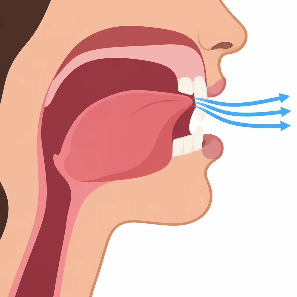 Língua junto aos dentes, com passagem estreita para o ar.