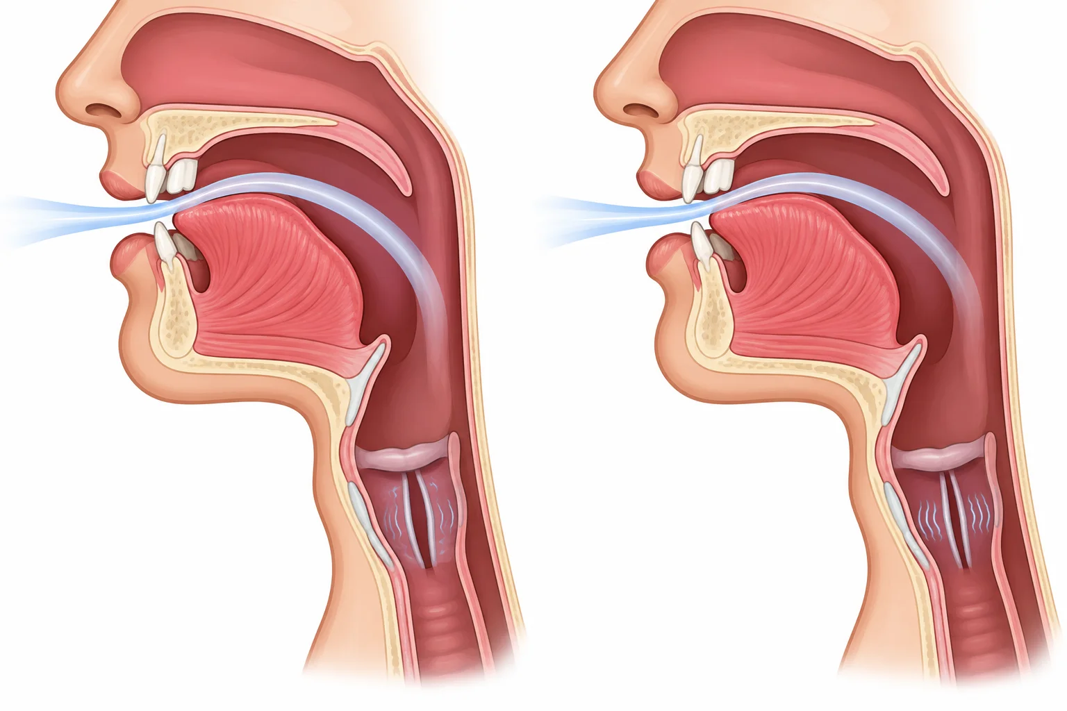 Diagrama comparando dois sons de TH: a língua fica perto dos dentes nos dois; apenas o som da direita tem vibração na garganta.