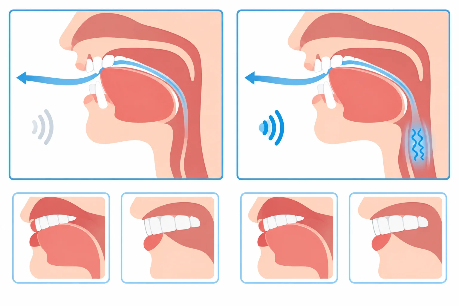 Diagrama comparando os dois sons de TH: língua junto aos dentes e ar contínuo em ambos; sem vibração em um e com vibração no outro. Também mostra bloqueio para T e D e uso do lábio para F e V.
