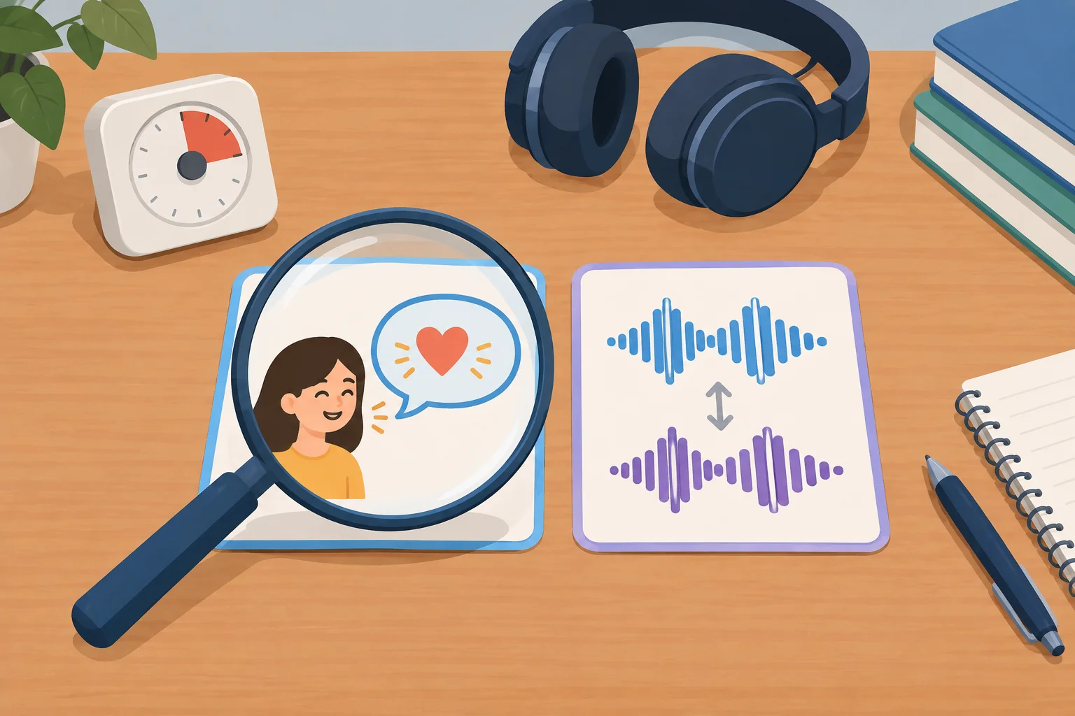 Ilustração de uma sessão curta com cronômetro, fones e um único cartão de estudo escolhido como foco.