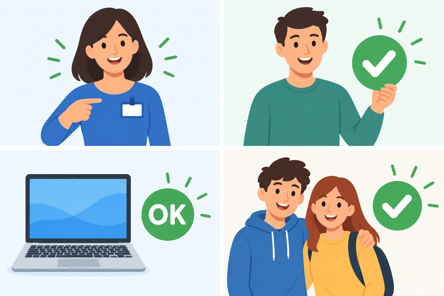 Quatro cenas: uma pessoa falando sobre si, um homem pronto, um laptop em estado OK e duas pessoas prontas.