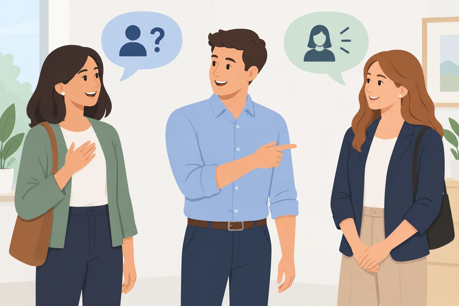 Ilustração de três pessoas em uma apresentação: uma pergunta sobre o nome e outra identifica a pessoa ao lado.