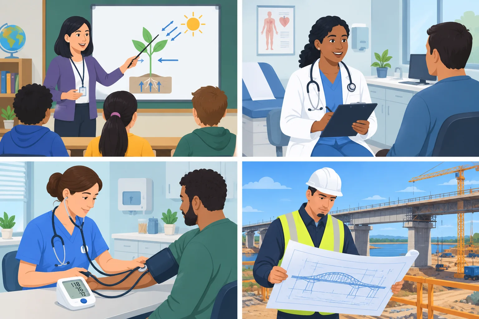 Quatro cenas profissionais: sala de aula, consultório, atendimento de enfermagem e obra com planta de engenharia.