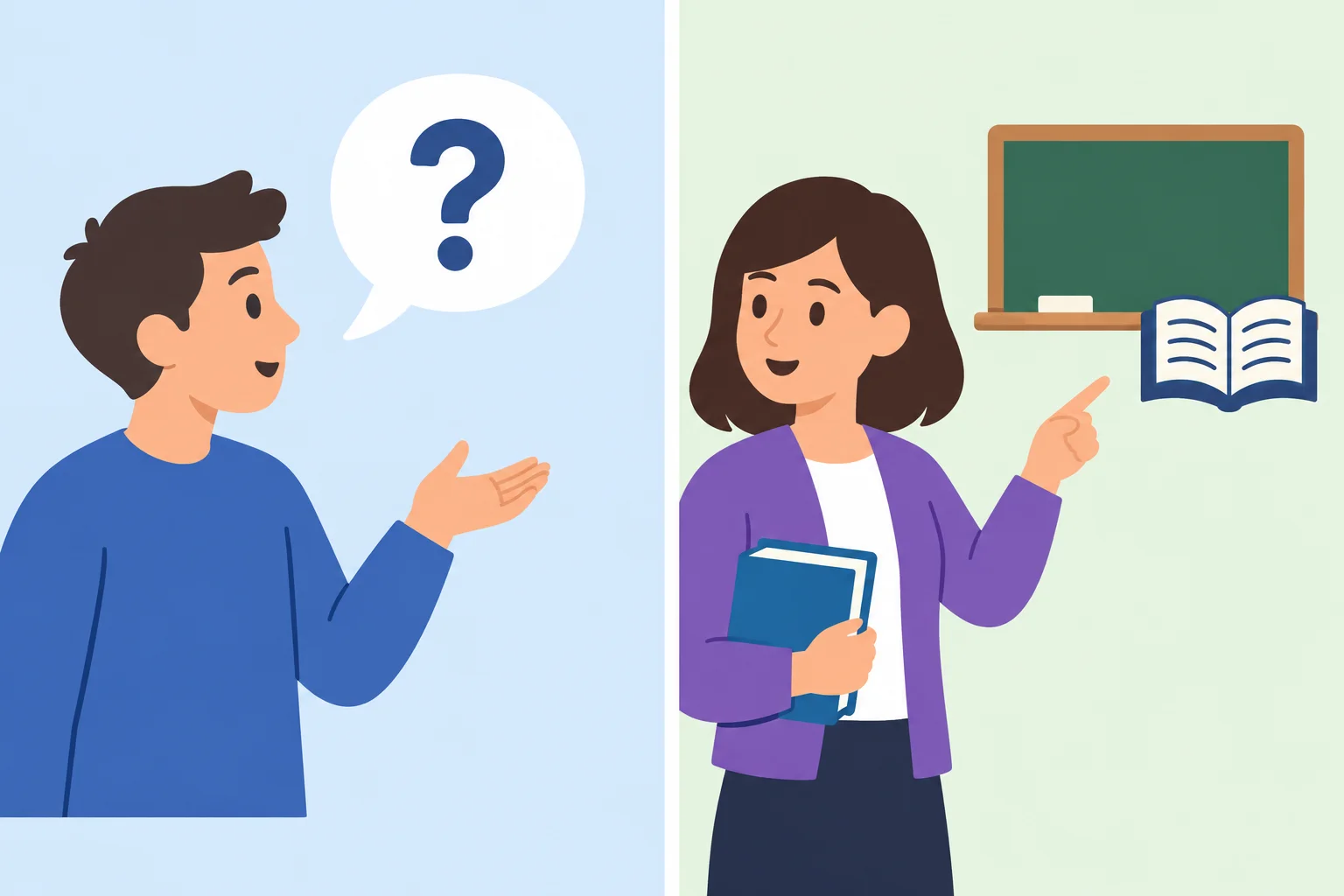 Duas pessoas em uma conversa: uma pergunta e a outra responde mostrando que trabalha como professora ou professor.
