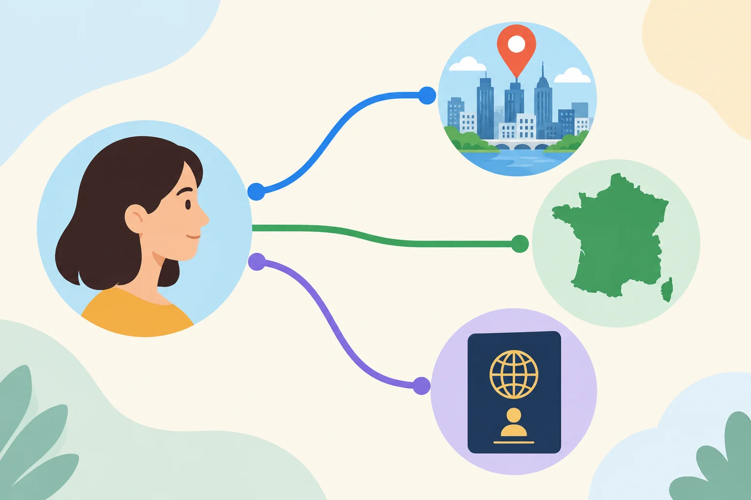 Ilustração mostrando três informações separadas sobre uma pessoa: cidade, país e nacionalidade.