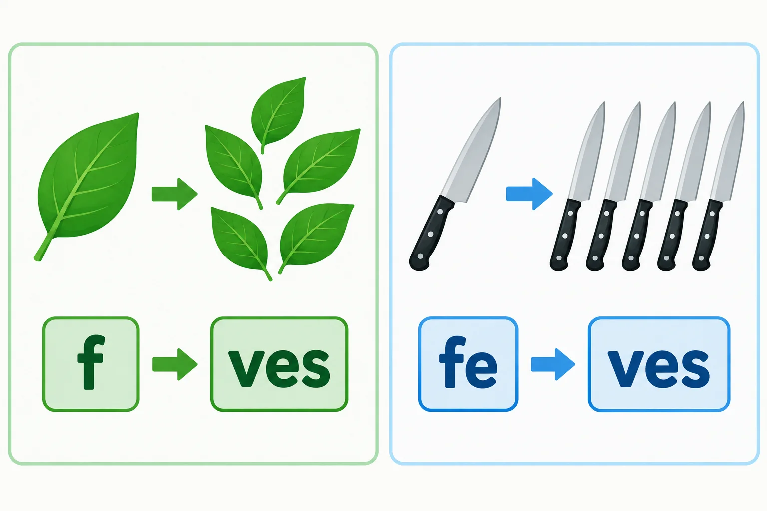 Comparação visual entre uma folha e várias folhas, e entre uma faca e várias facas, indicando a mudança de final.