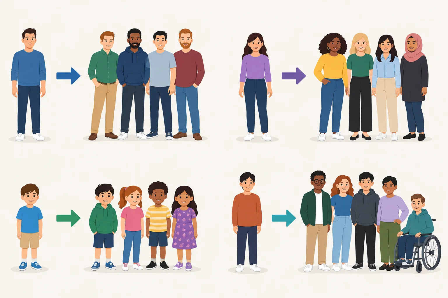 Quatro comparações visuais: um homem e vários homens, uma mulher e várias mulheres, uma criança e várias crianças, uma pessoa e várias pessoas.