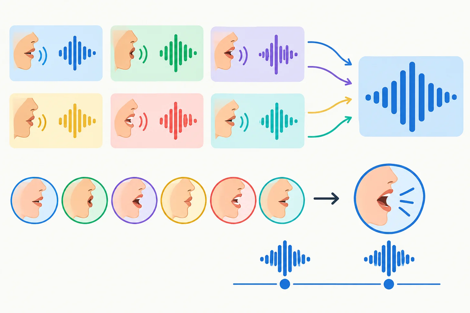 Diagrama mostrando seis sons finais reunidos e apontando para uma terminação pronunciada como uma sílaba extra.