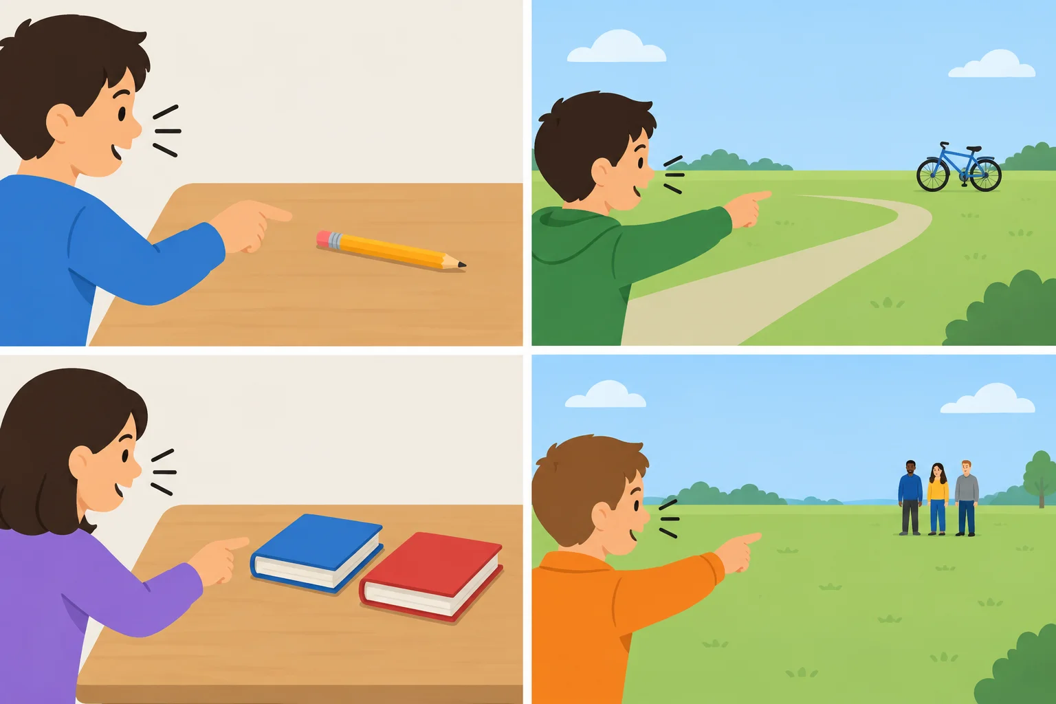 Quatro cenas com um lápis próximo, uma bicicleta distante, dois livros próximos e três pessoas distantes de quem fala.