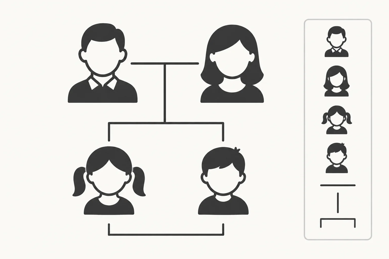 Diagrama com duas pessoas adultas ligadas a duas crianças; as duas crianças compartilham um vínculo parental informado.