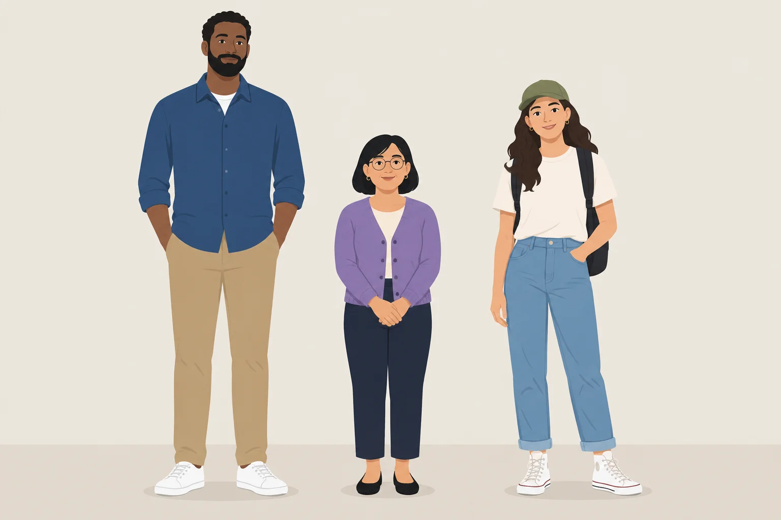 Três adultos: uma pessoa alta, uma pessoa baixa e uma pessoa jovem.
