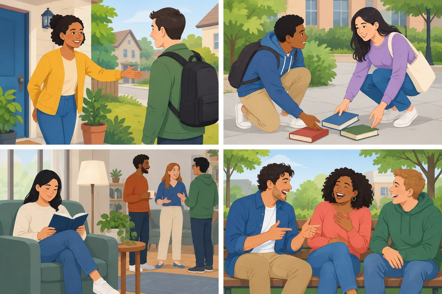 Quatro cenas: cumprimentar alguém, ajudar a recolher livros, ler calmamente e fazer amigos rirem.