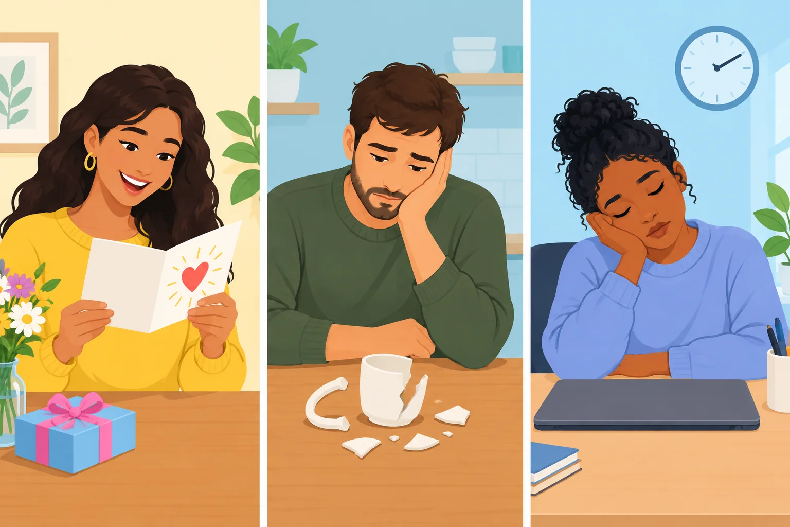 Três pessoas em contextos que sugerem happy, sad e tired.