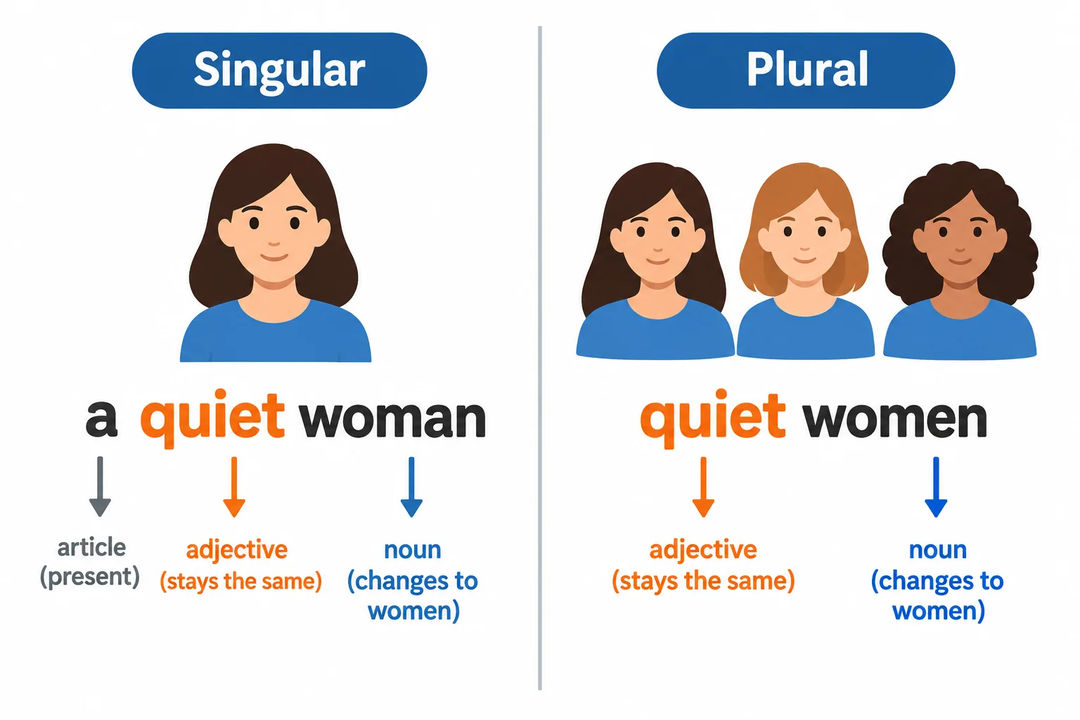 Diagrama comparando a quiet woman e quiet women, mostrando que quiet não muda e woman passa a women.