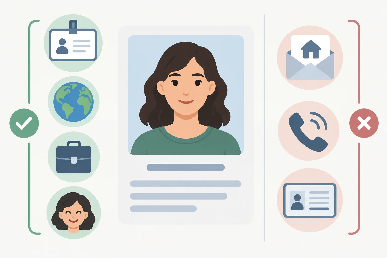 Comparação visual entre informações úteis para conhecer uma pessoa e dados privados que não precisam entrar em uma apresentação breve.