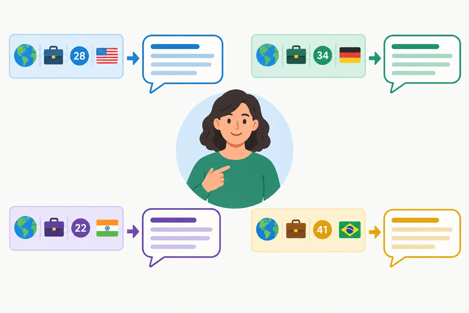 Diagrama mostrando dados isolados transformados em frases de apresentação em primeira pessoa.