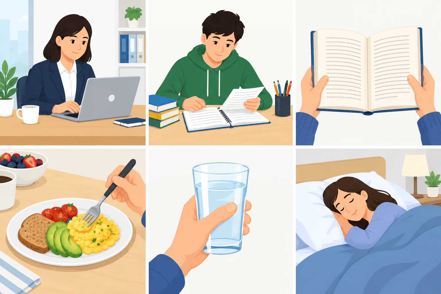 Seis cenas mostram trabalhar, estudar, ler, comer, beber água e dormir.