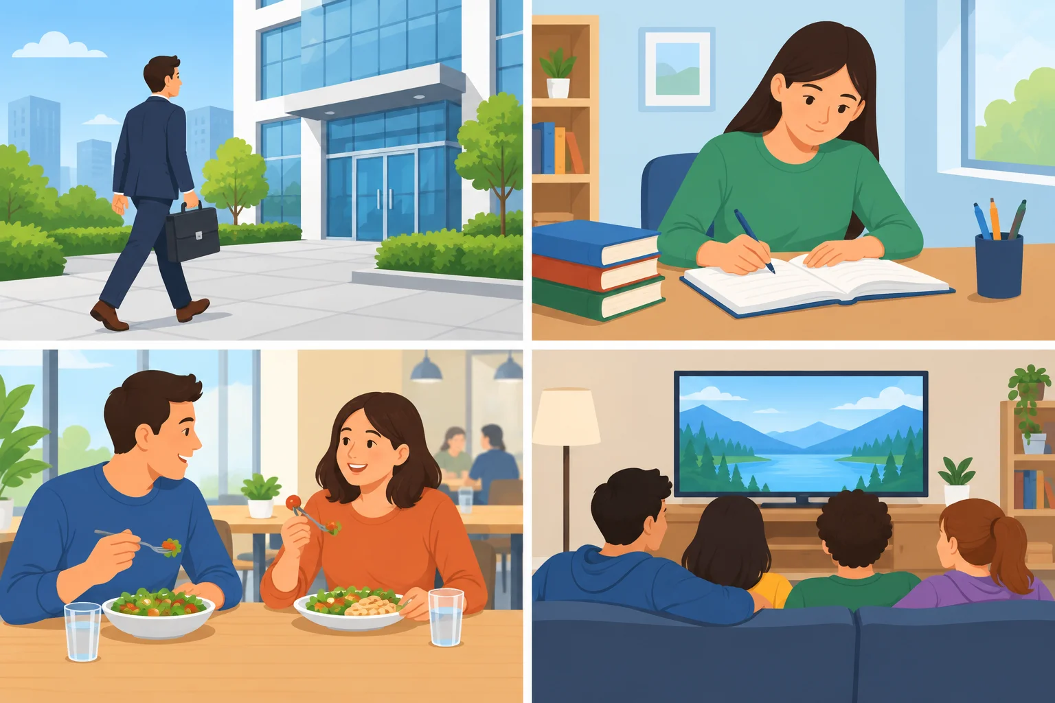 Quatro cenas: ir ao trabalho, fazer lição de casa, almoçar e assistir TV.