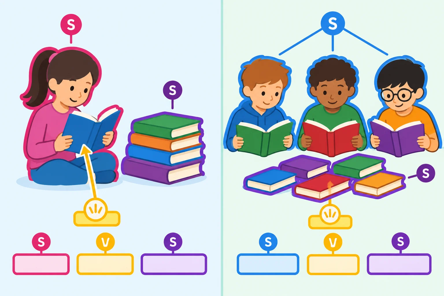 Comparação visual entre uma pessoa lendo vários livros e três pessoas lendo vários livros, destacando o sujeito e a posição do verbo.
