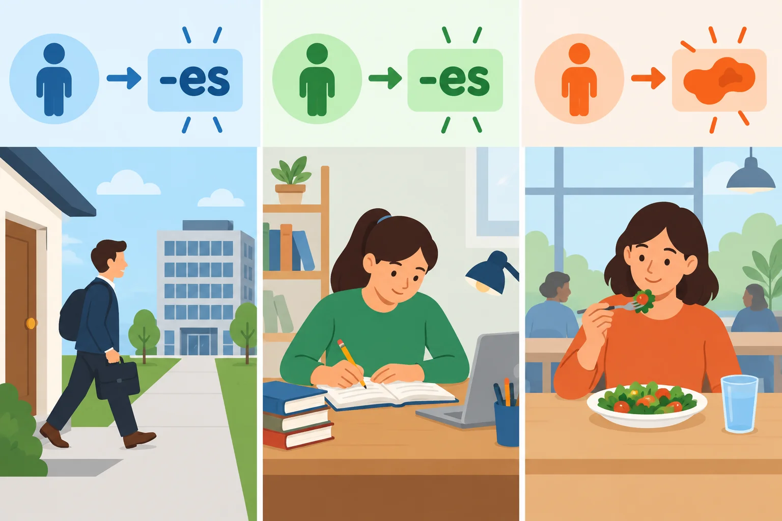 Três cenas de rotina: ir ao trabalho, fazer lição de casa e almoçar, associadas às formas de terceira pessoa.