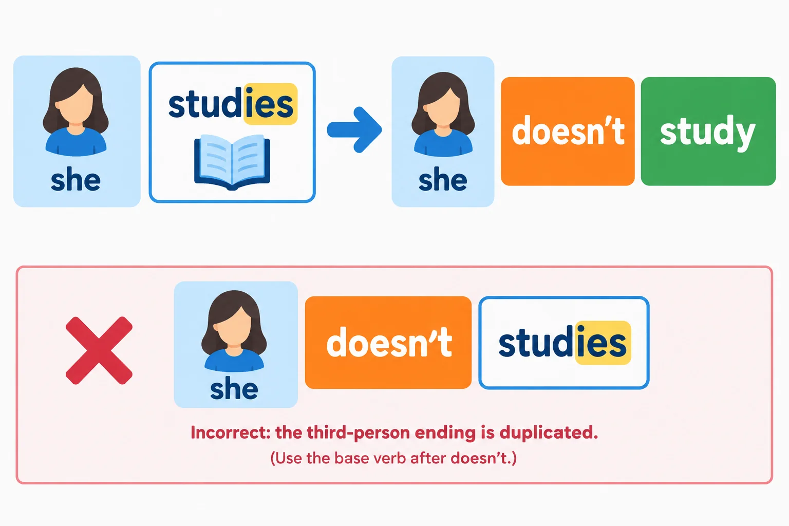 Diagrama que compara “She studies” com “She doesn't study” e risca a forma incorreta “She doesn't studies”.