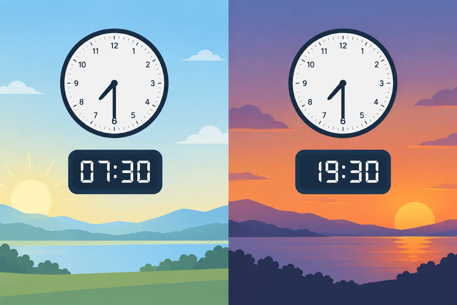 Dois relógios marcando sete e meia: um associado a 07:30 com luz da manhã e outro a 19:30 com luz do fim do dia.