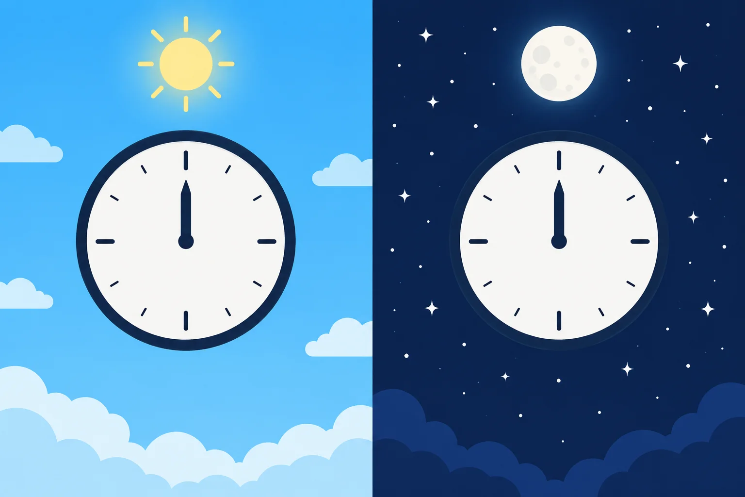 Comparação visual entre um relógio marcando doze ao meio-dia, com sol, e o mesmo relógio à meia-noite, com lua.