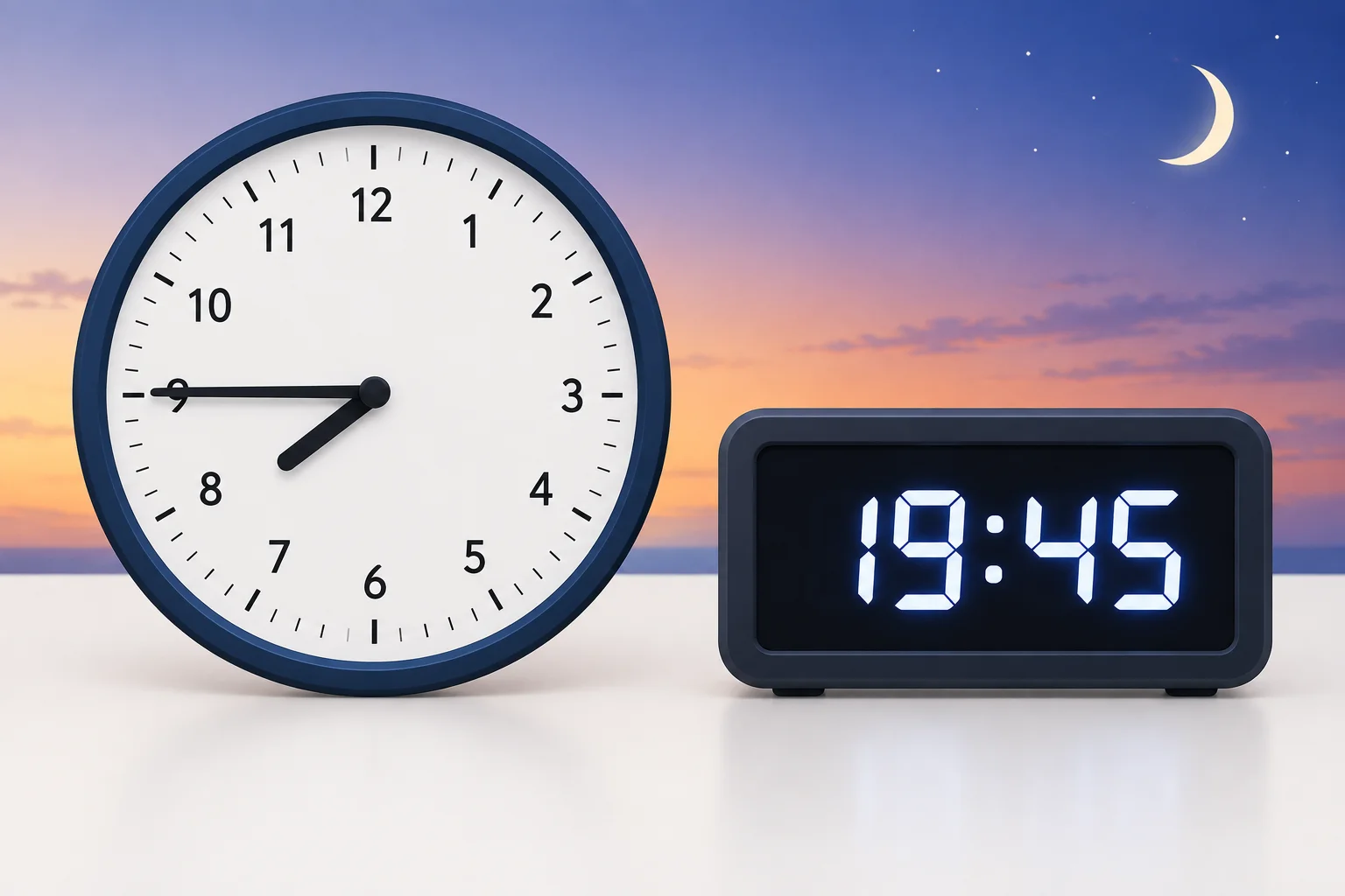 Relógio analógico marcando 7:45 ao lado de um relógio digital marcando 19:45, com indicação visual de período noturno.