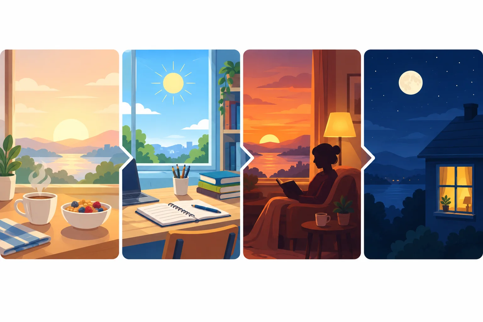 Sequência visual de amanhecer, tarde clara, pôr do sol e noite estrelada.