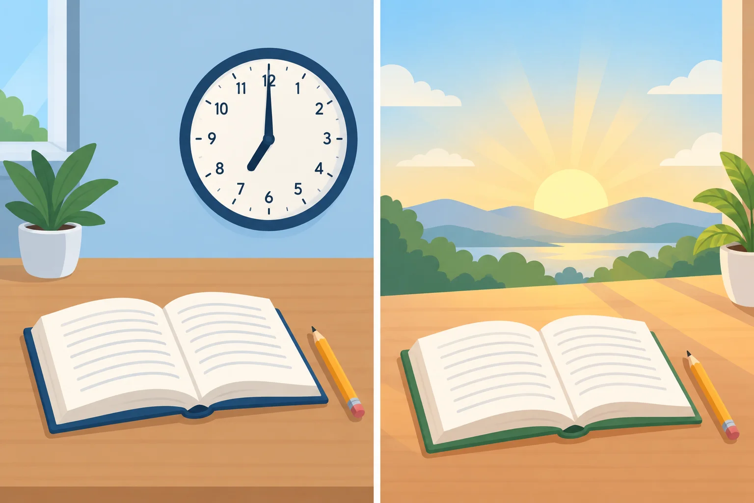 Comparação entre estudar às sete horas, mostrado com relógio marcando 7:00, e estudar de manhã, mostrado com luz da manhã sem relógio.