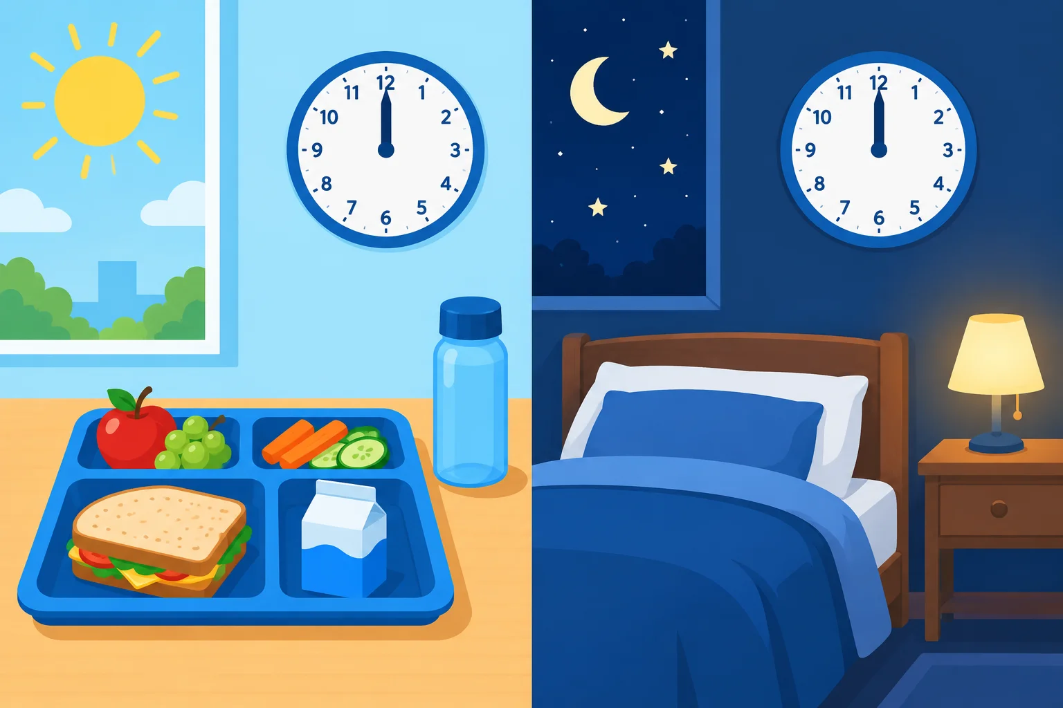 À esquerda, um almoço ao meio-dia; à direita, uma cama à meia-noite, ambos com relógios marcando 12:00.