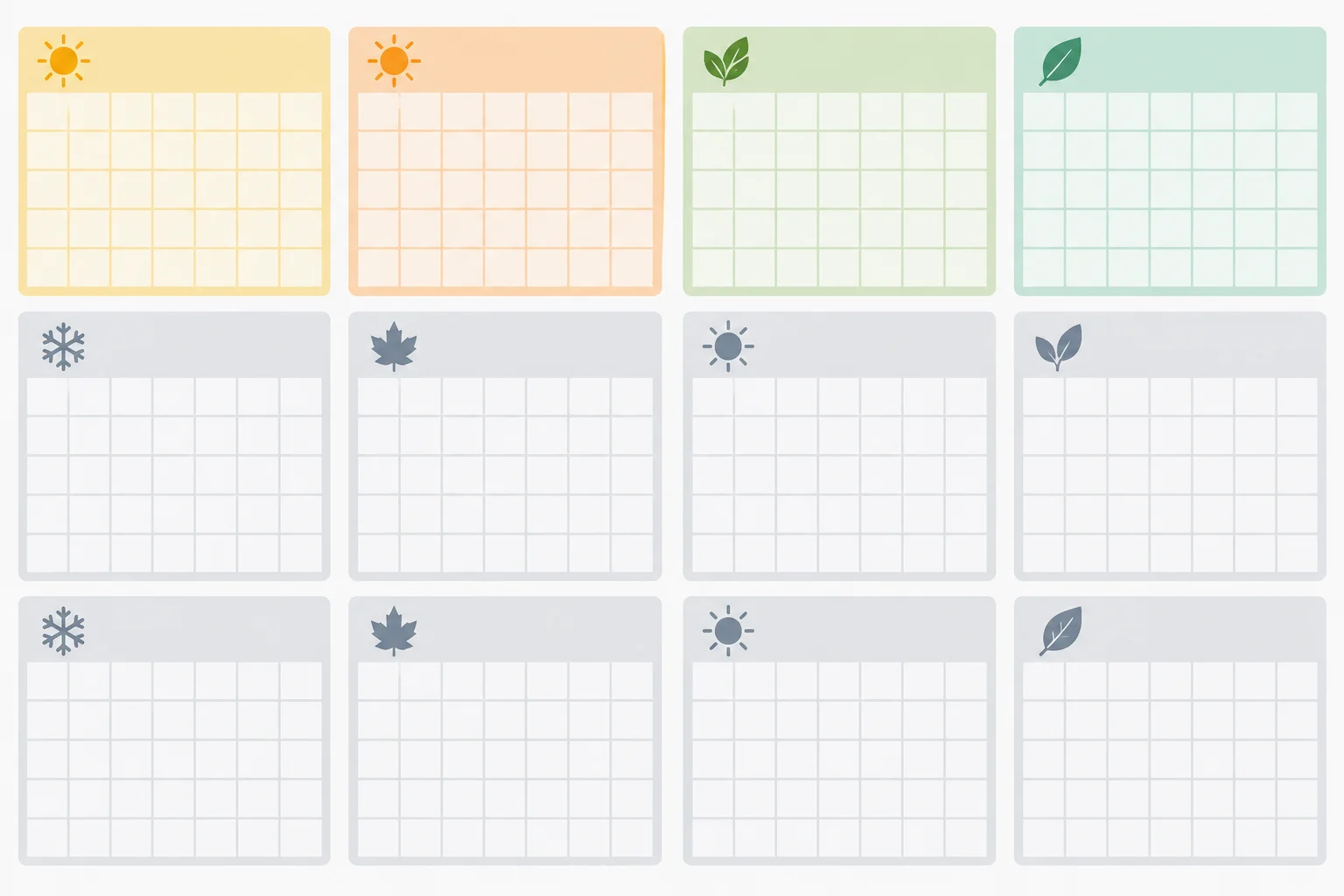 Calendário anual com doze quadros mensais; os quatro primeiros estão destacados em sequência.