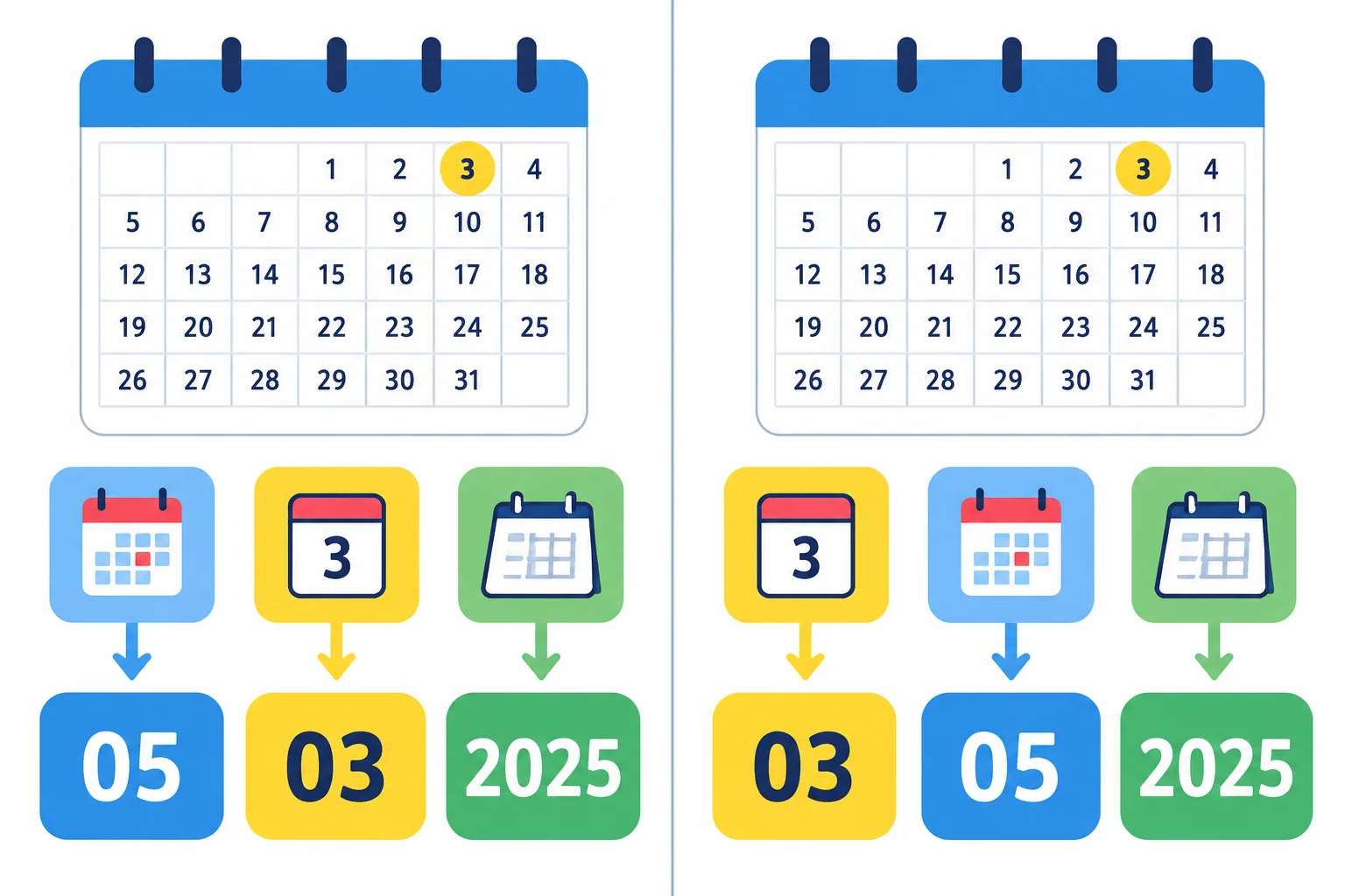 Comparação visual entre as sequências 05-03-2025 e 03-05-2025, ambas ligadas à data 3 de maio de 2025 conforme o formato.