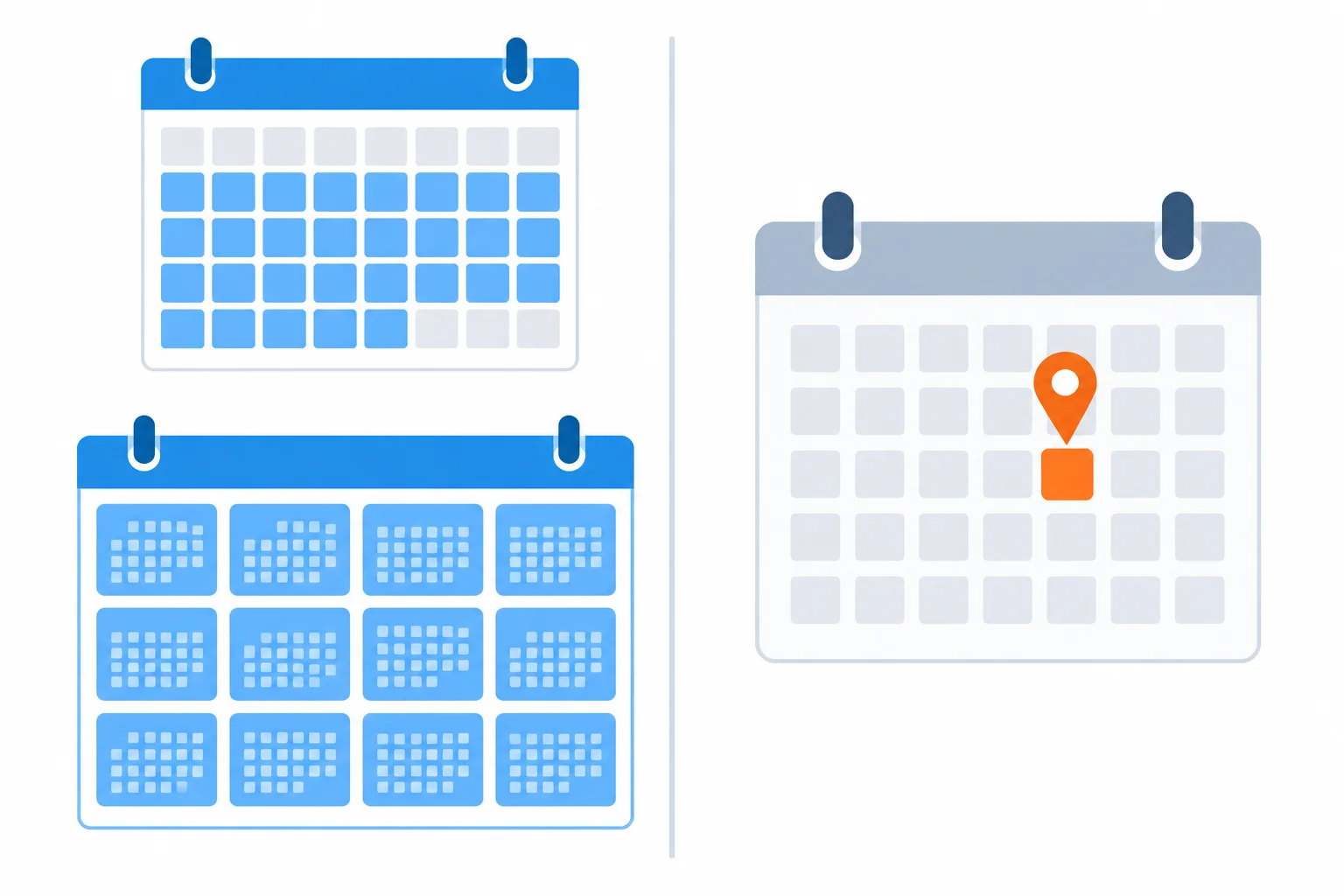 Diagrama de calendário que contrasta um mês e um ano inteiros com um único dia marcado.