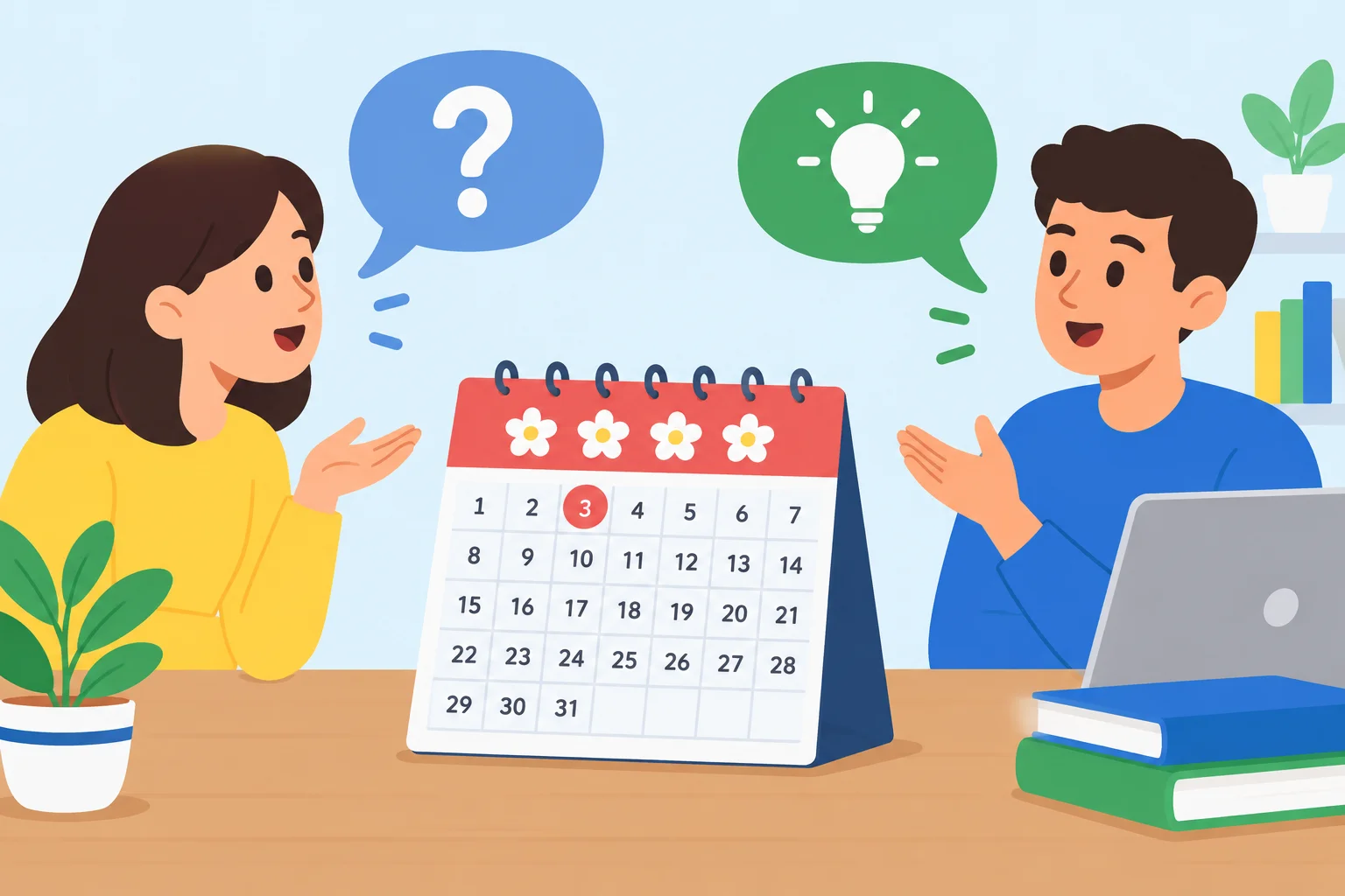 Calendário no mês de maio com o dia 3 destacado e duas pessoas estilizadas em uma troca de pergunta e resposta.