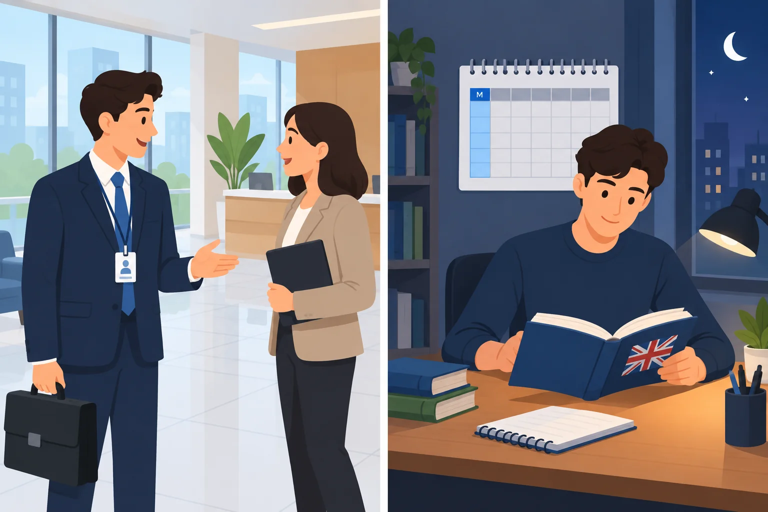 Comparação visual: uma apresentação em ambiente de trabalho e uma atividade de estudo ligada a um dia da semana.