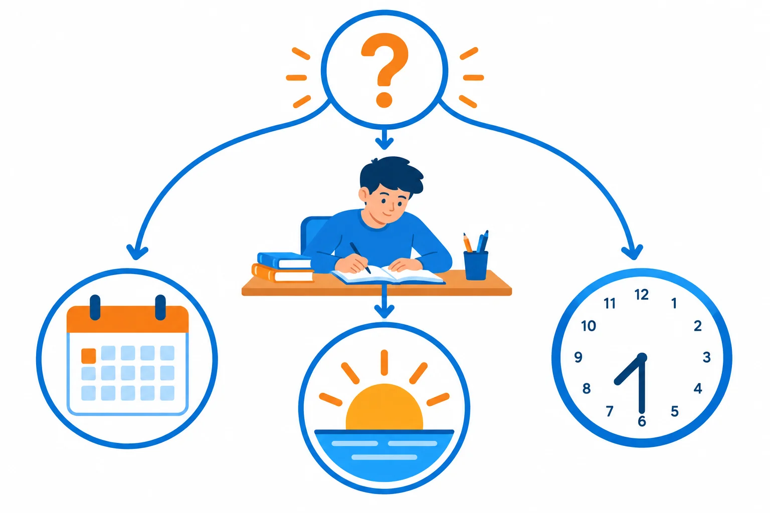Diagrama de uma pessoa estudando conectada a um calendário, um ícone de manhã e um relógio.