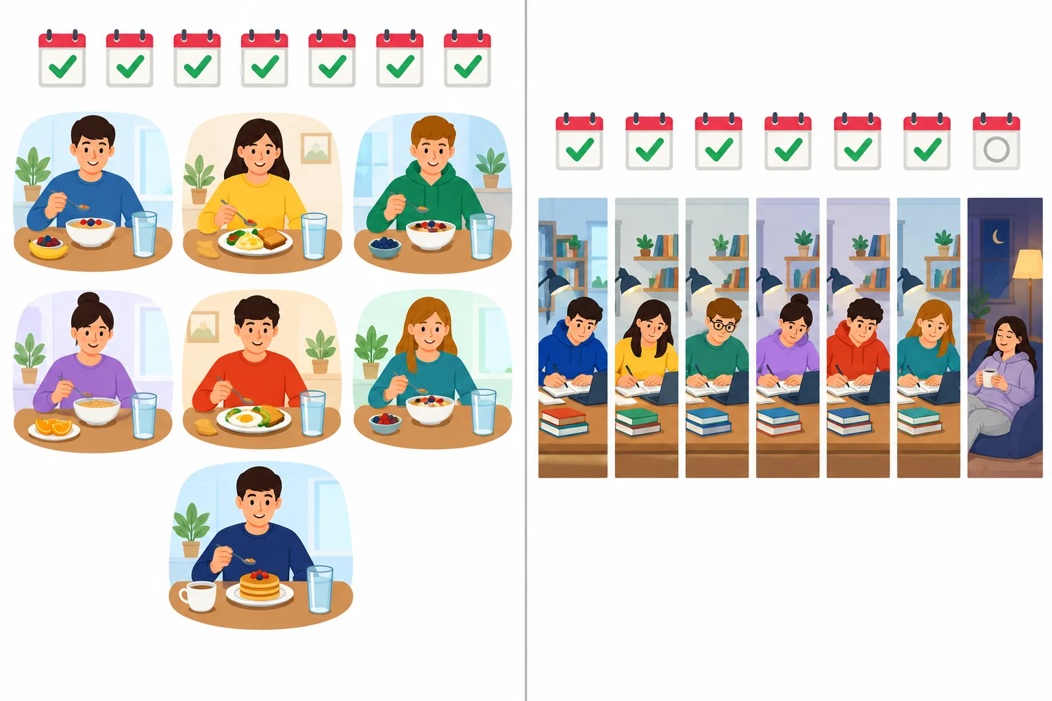 À esquerda, o copo de água aparece em todos os dias; à direita, a mesa de estudo aparece na maioria dos dias, com uma noite diferente.