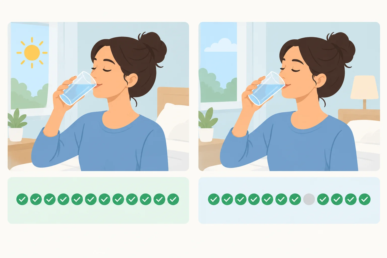 Dois perfis mostram o mesmo hábito de beber água pela manhã: um sem exceções e outro com uma exceção visual.