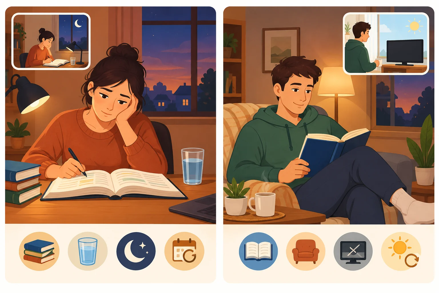Ilustração de dois perfis fictícios com hábitos de estudo, leitura, televisão e cansaço em diferentes momentos.