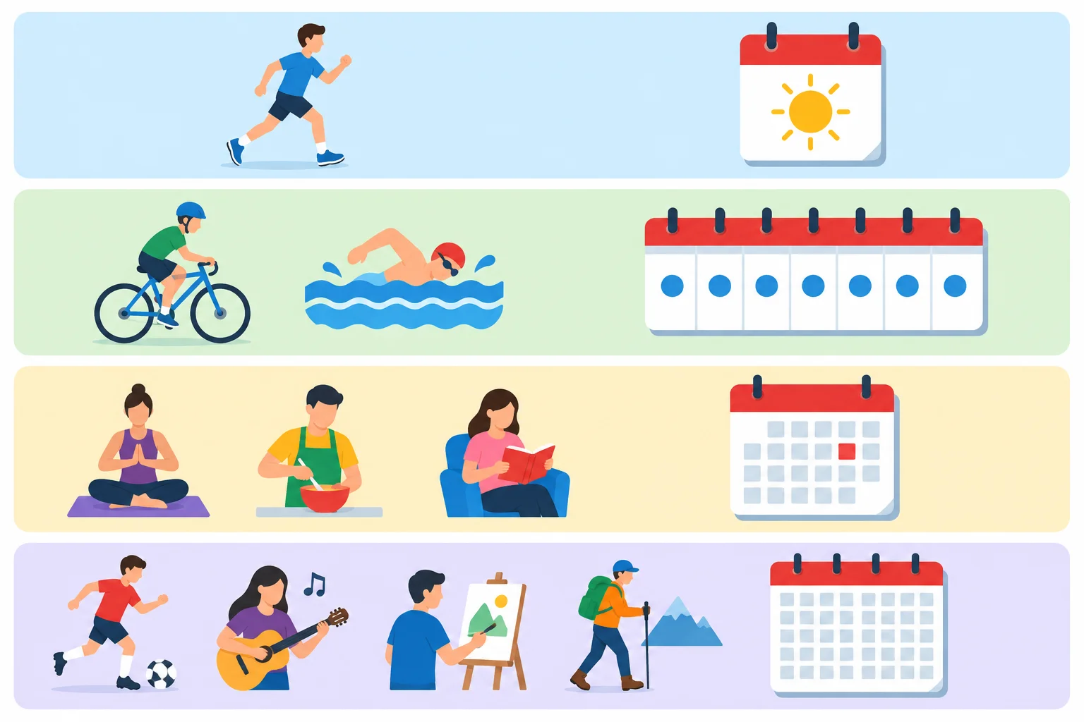Infográfico com grupos de ícones de atividade separados de calendários que representam dia, semana, mês e ano.
