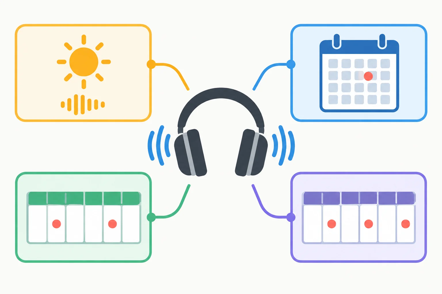 Diagrama com fones ligados a cartões que representam uma ocorrência mensal, duas semanais, três semanais e recorrência diária.