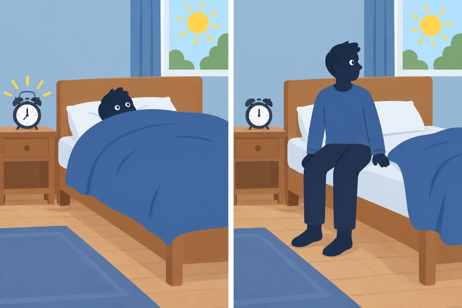 À esquerda, uma pessoa acordada ainda está na cama; à direita, ela está sentada na borda da cama, levantando-se.